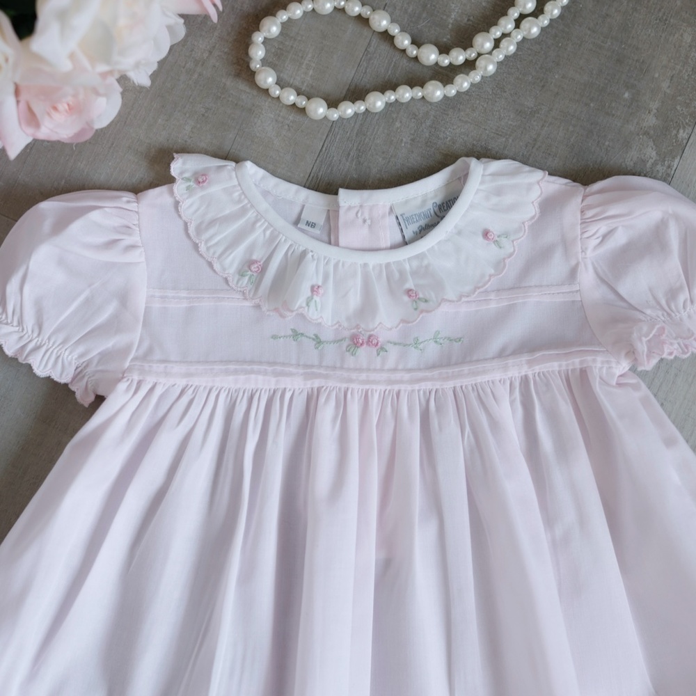 Pink Heirloom Dress Hand Embroidery Feltman Brother/Friedknit Scalloped Rose NWT - Picture 2 of 9